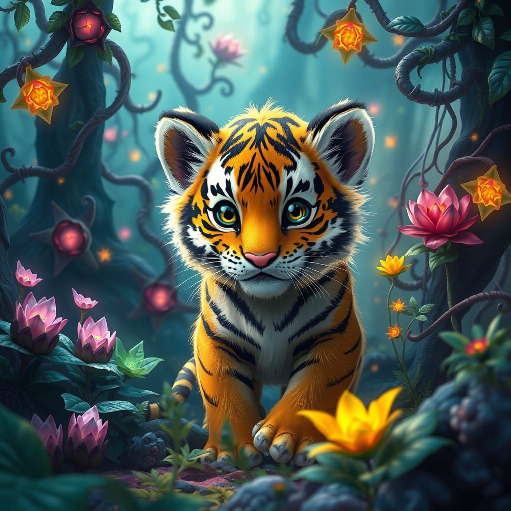Adorable Fantasy Tiger in Whimsical Landscape