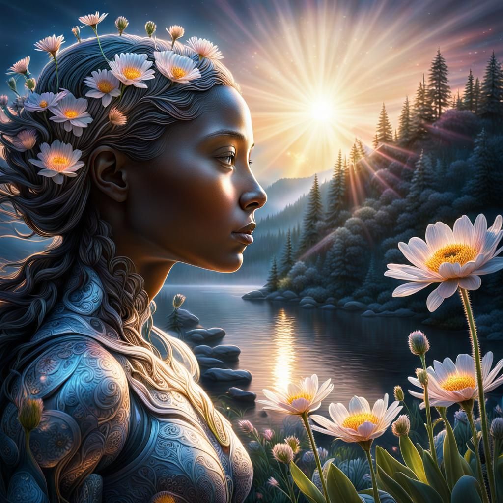 Moonlight Flower Sunrise with Woman in 3D
