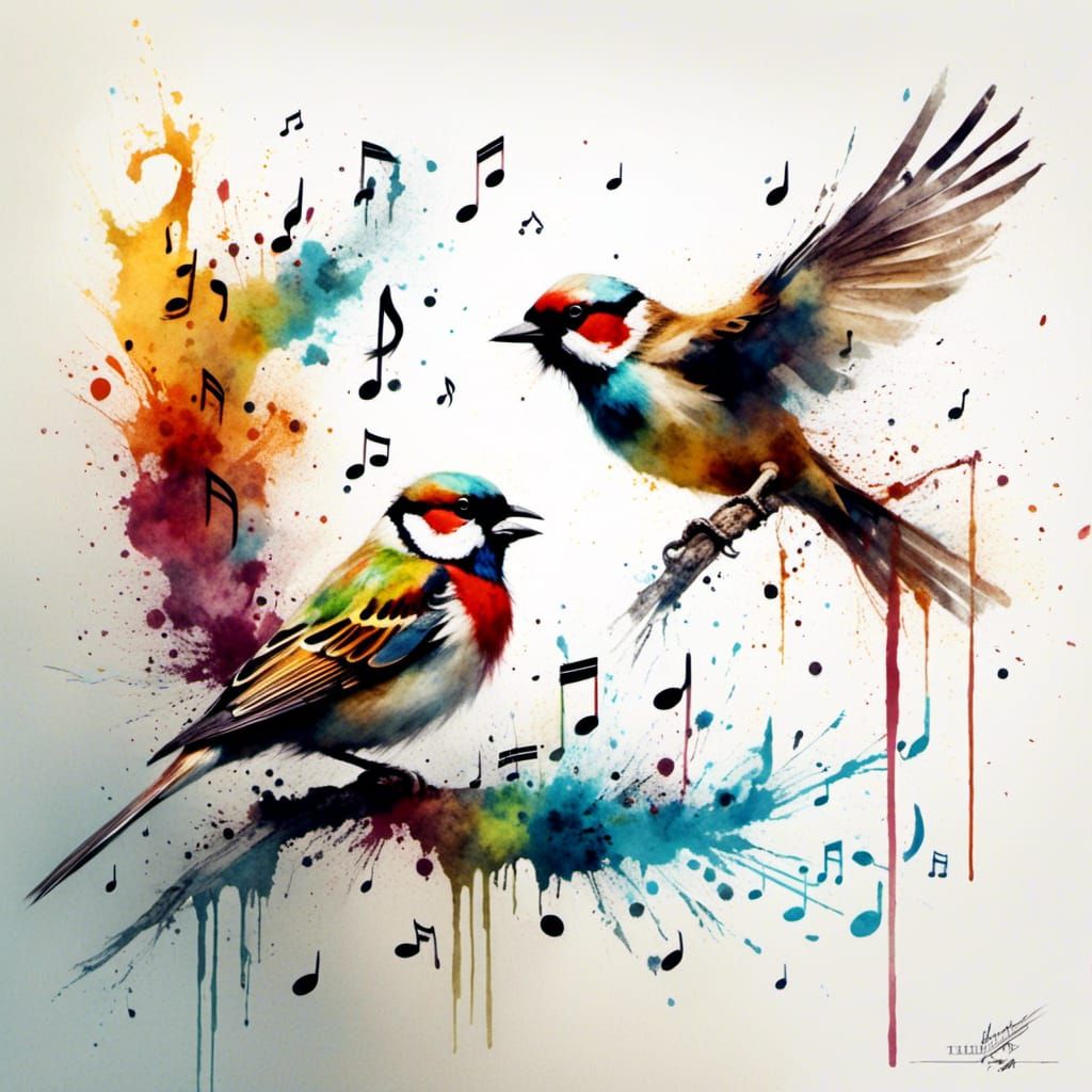 Watercolor Bird with Music Notes and Sparrows