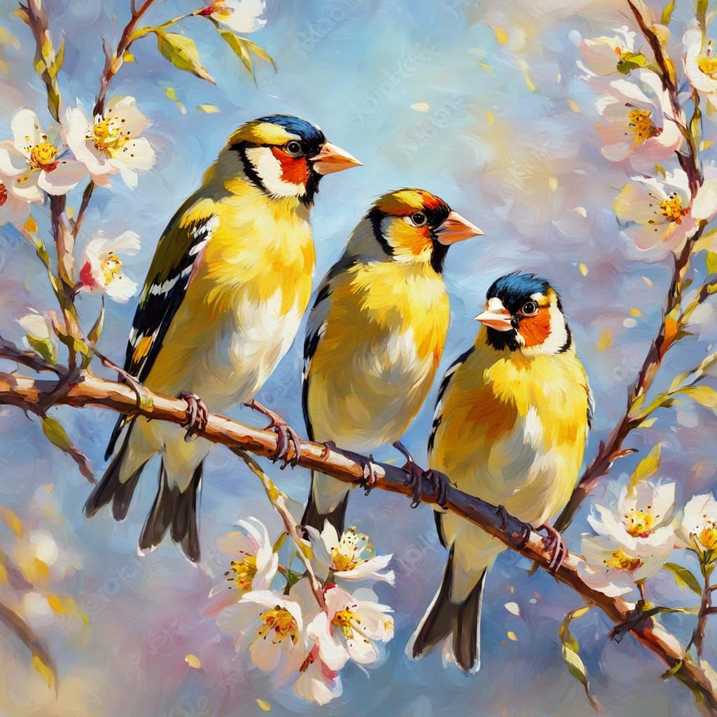 Goldfinches in Cherry Blossoms: Impressionist Dawn