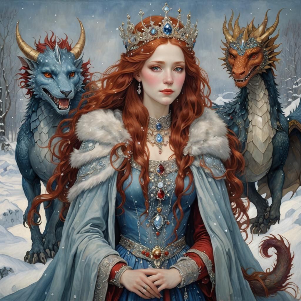 Snow Queen with Dragon Companion in Klimt Style