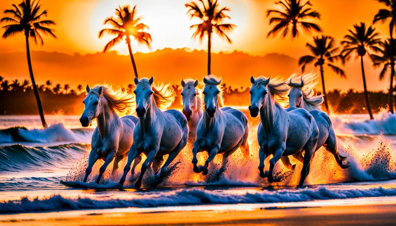 White Horses Stampede on Tropical Beach at Sunset