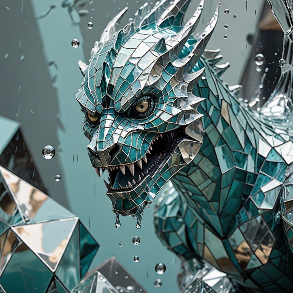 Abstract Cubist Water Monster Emerges from Shattered Mirror