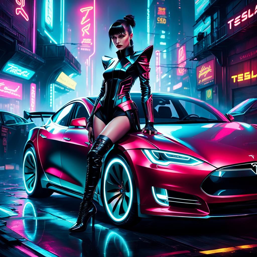 Cyberpunk Mistress on a Neon Tesla