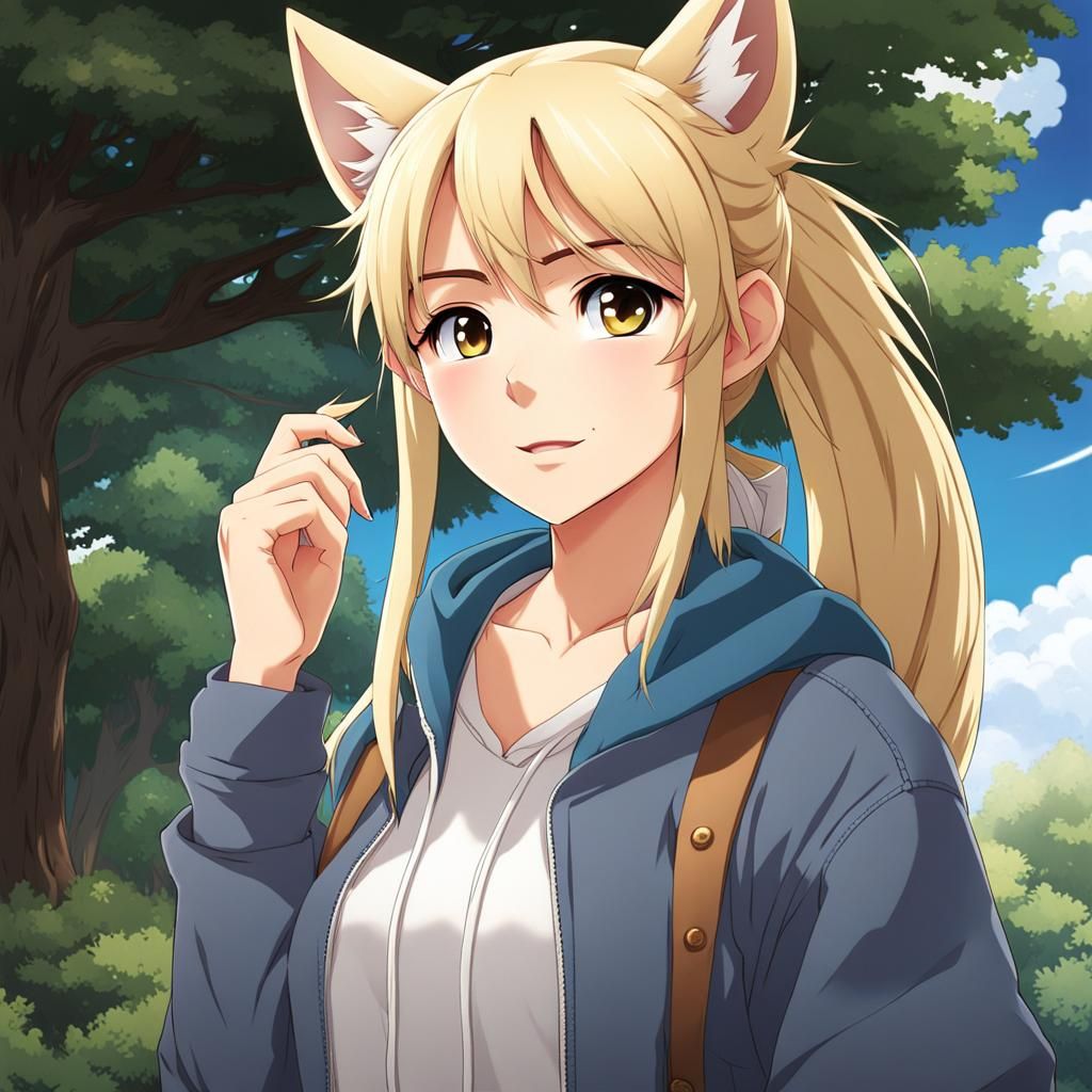 Anime Wolf Girl with Freckles and Ponytail