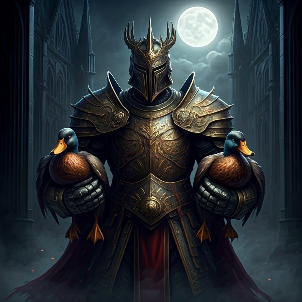 Hero with Ferocious Ducks in Moonlit Courtyard