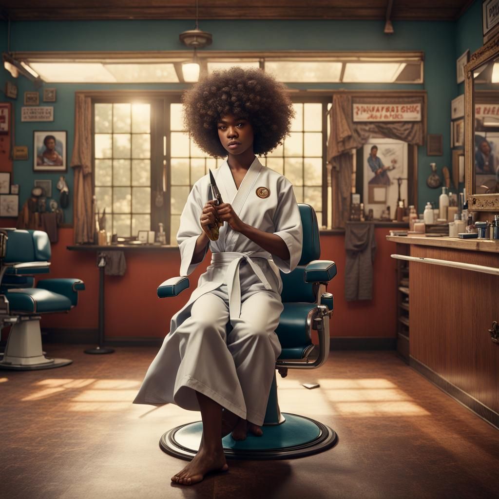 1970s Barber Shop Scene with Karate Student
