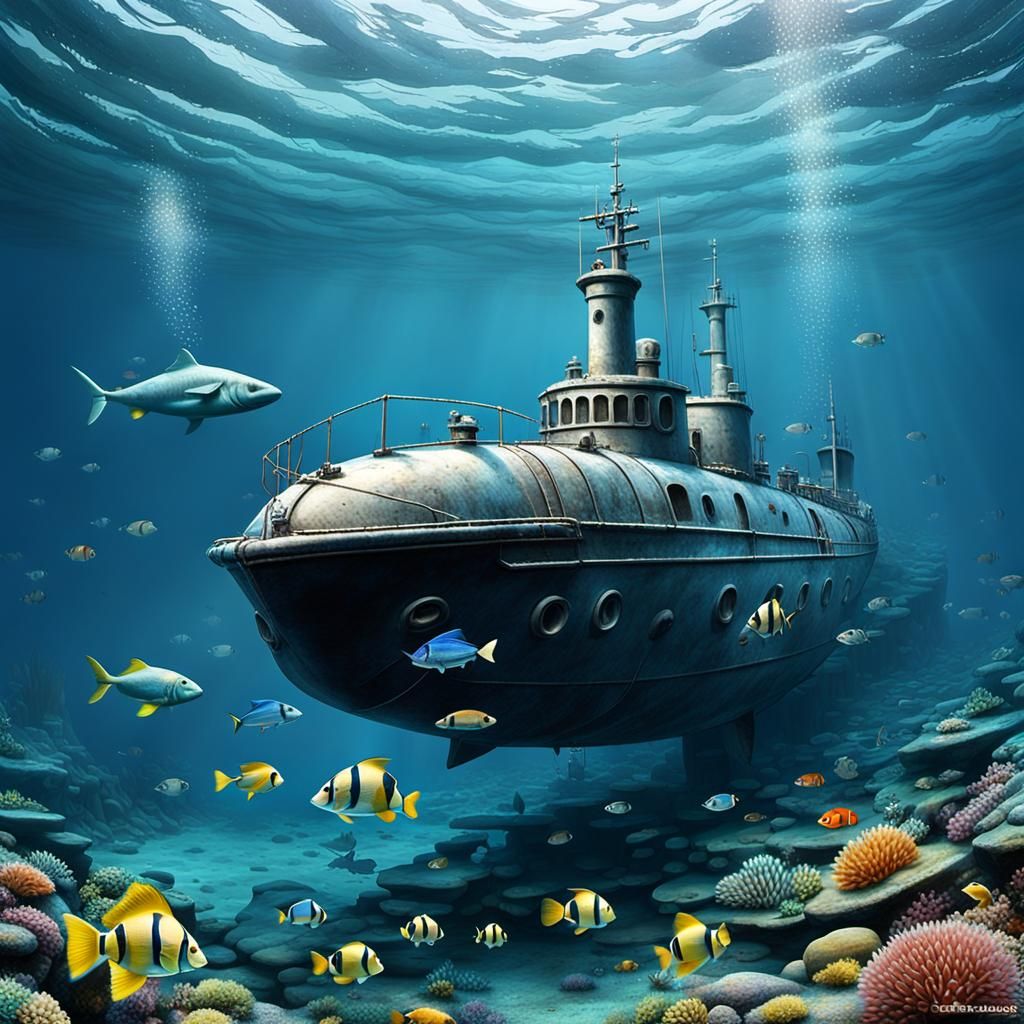 Sunken Ships and Treasures in Underwater Scene