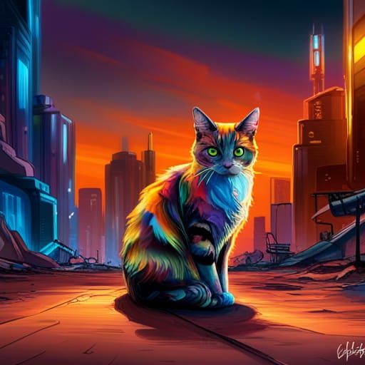 Tortie Cat in Cyberpunk Graffiti Landscape