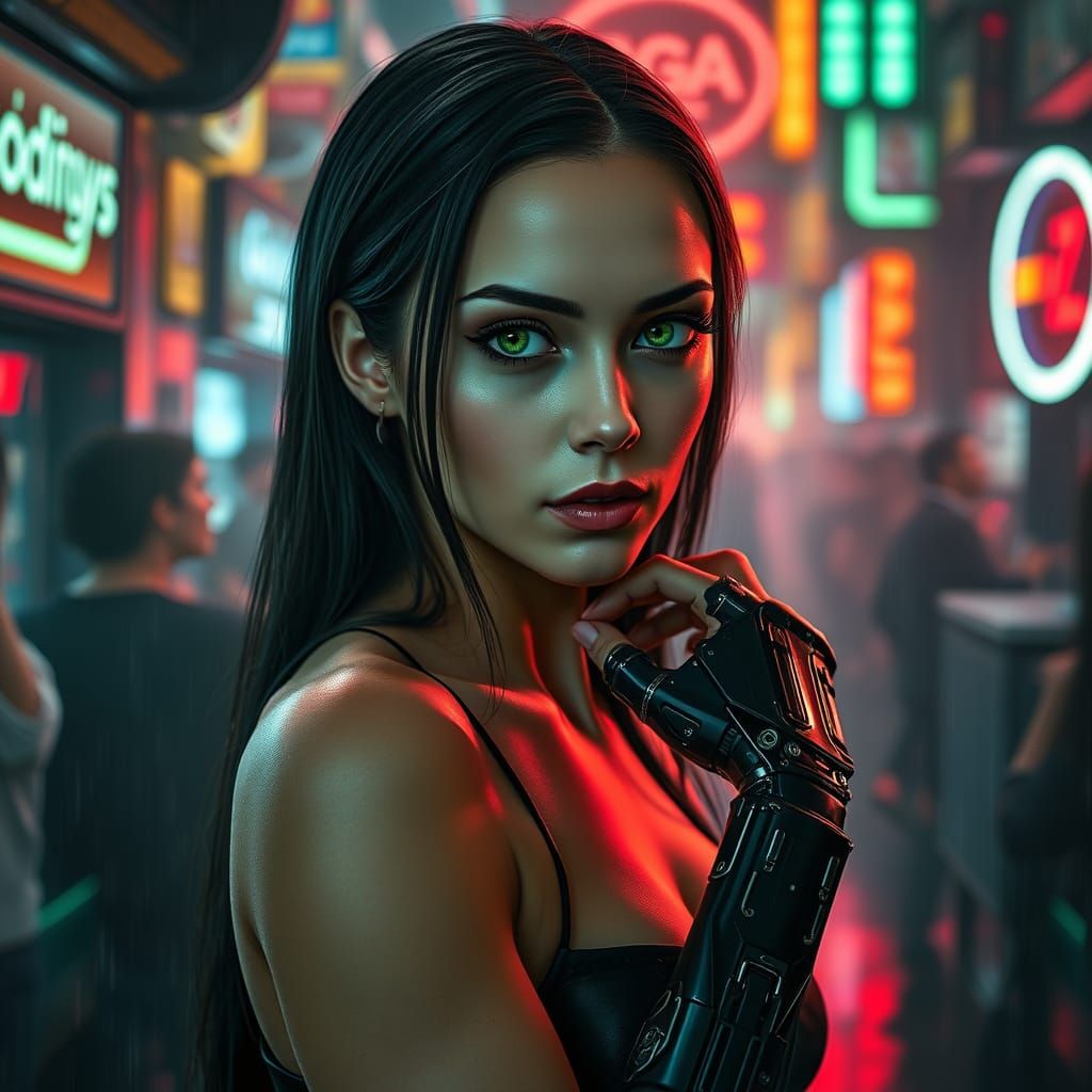 Cyberpunk Cyborg Woman in Neon-Lit Bar