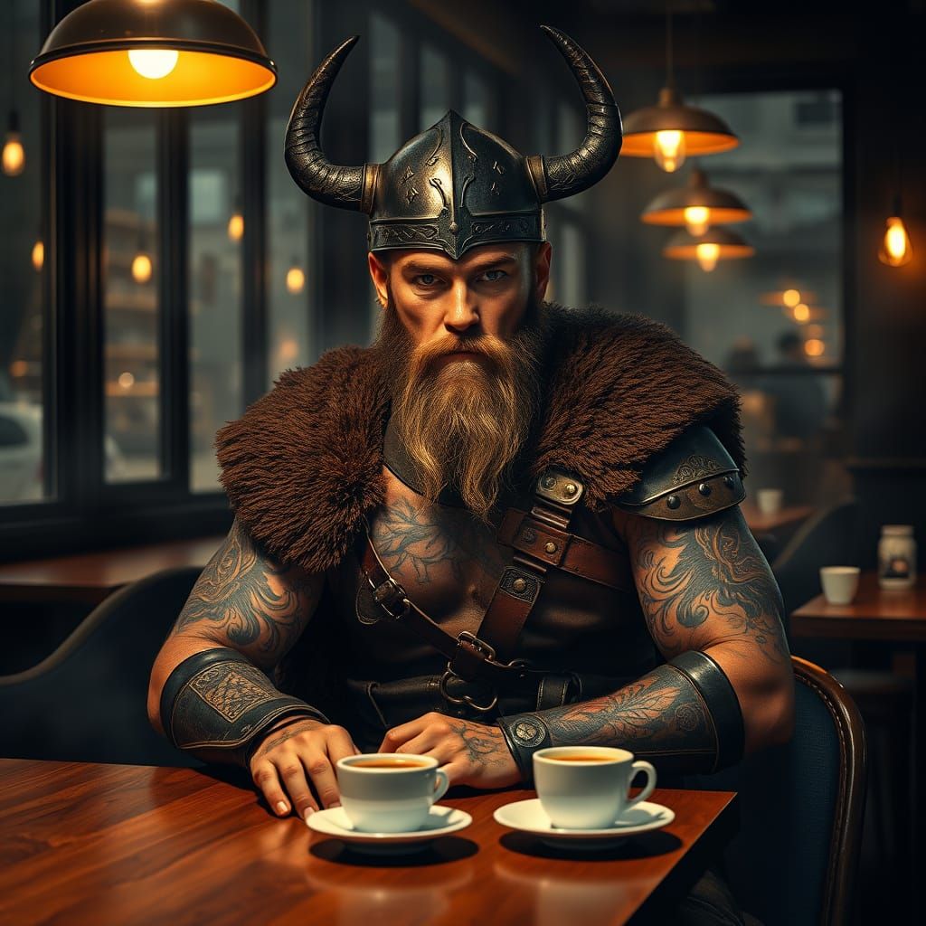 Viking Warrior in Modern Coffee Shop, Inspired by Cinematic ...