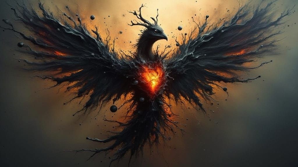 Hollow Phoenix Revealing Fiery Heart in Surreal Style