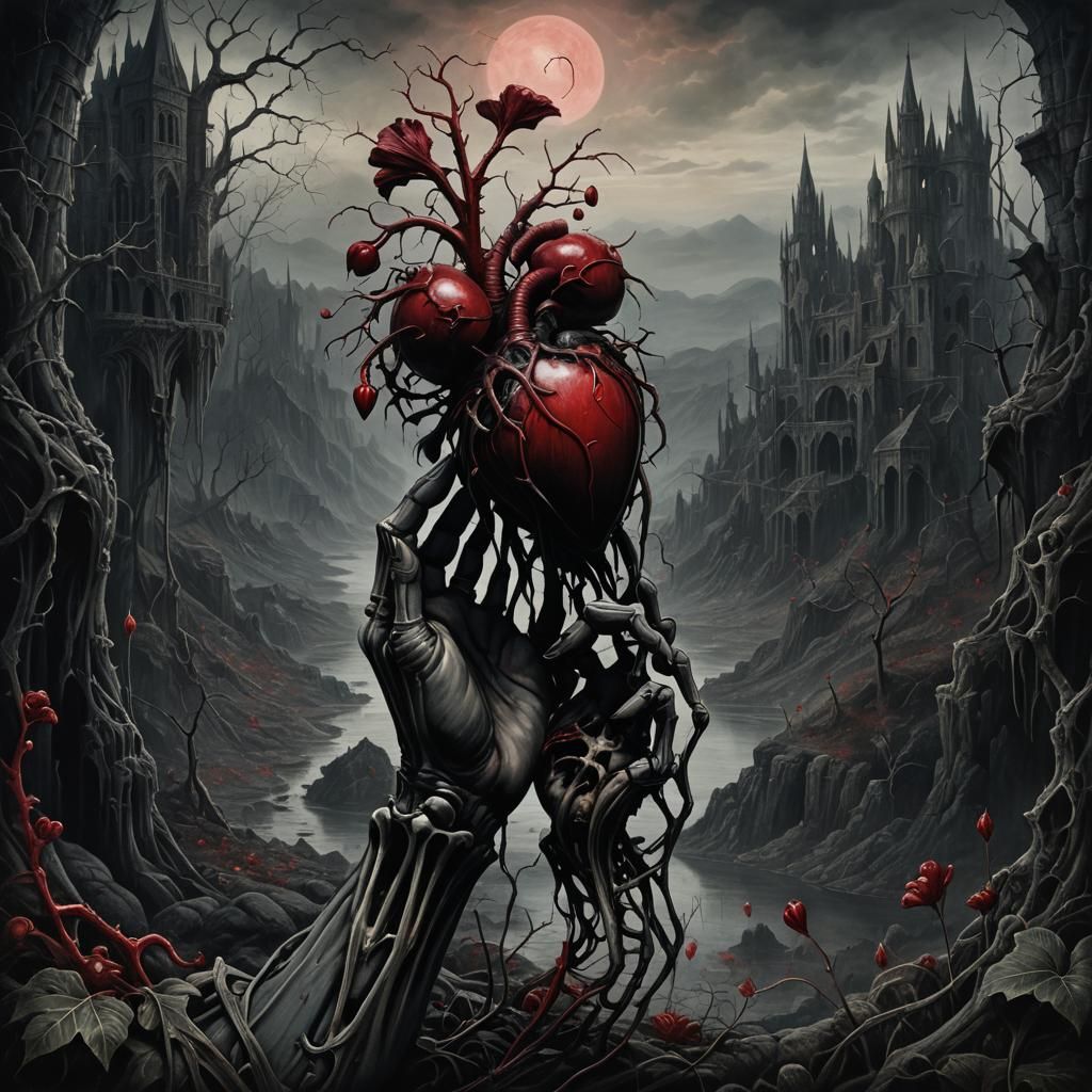 Bleeding Heart in Skeletal Hand: Gothic Horror Art