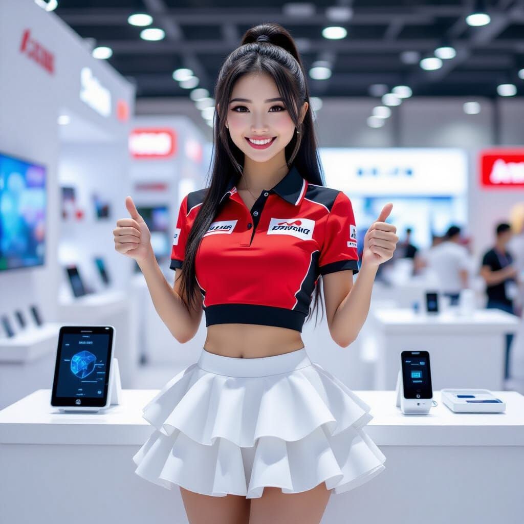 Japanese Woman in Racing Outfit at Tech Expo