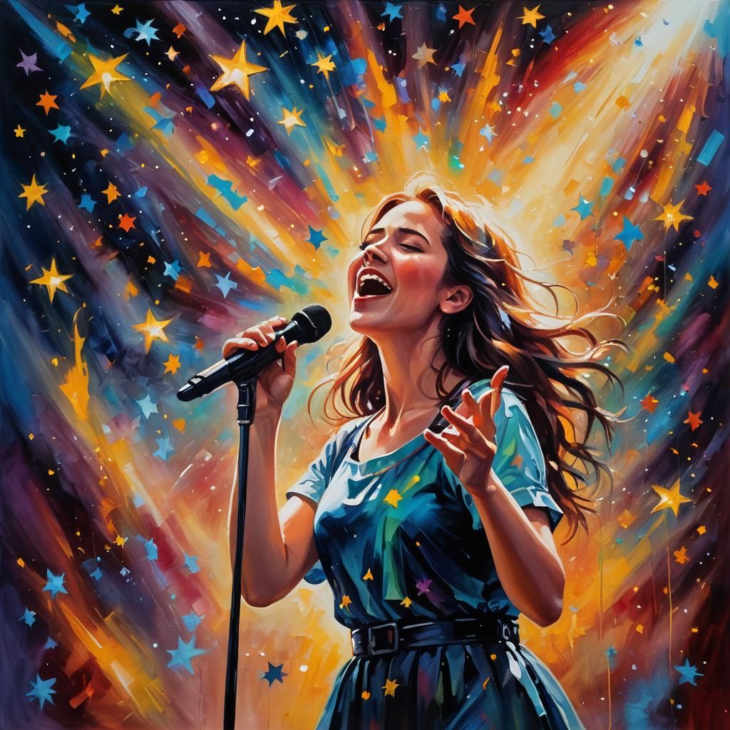 Girl Singing on Stage: Bright Oil Painting