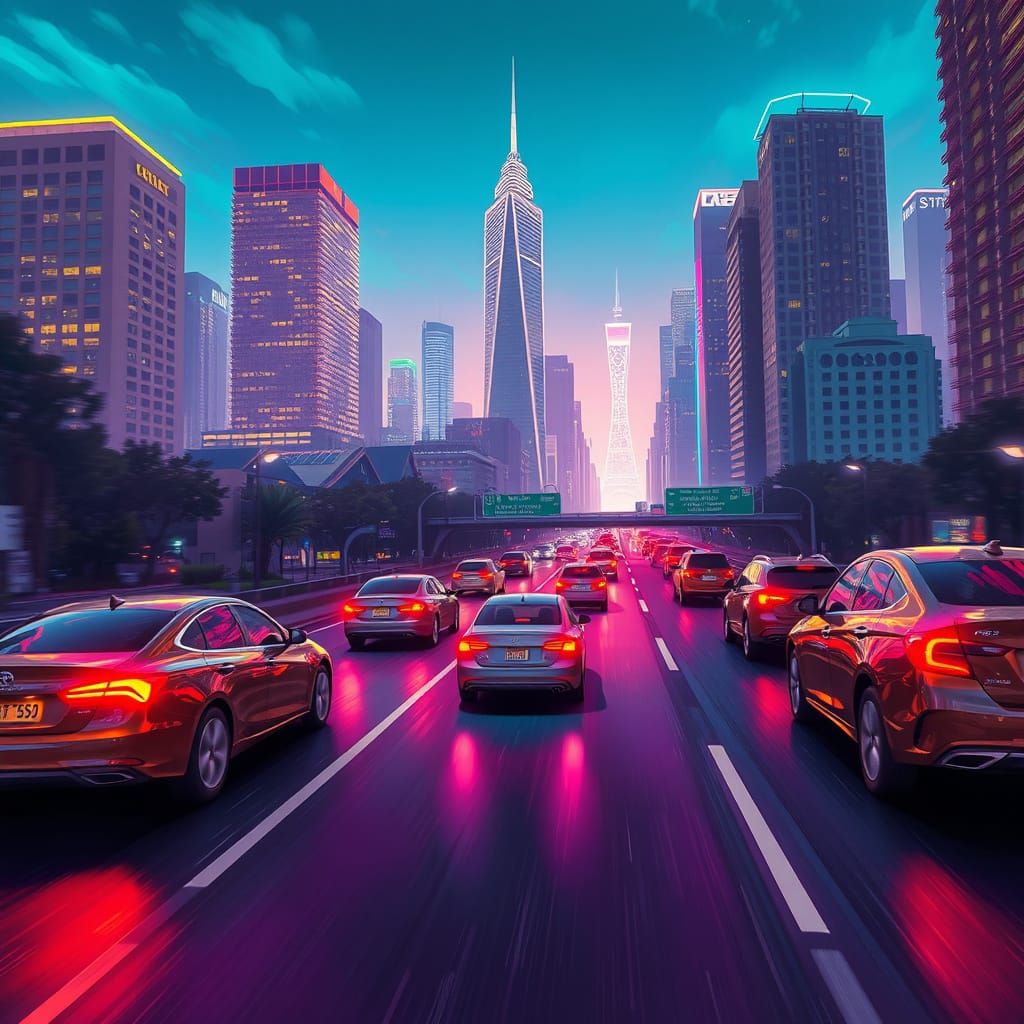 Cars Speeding Down Highway in Futuristic Neon Style