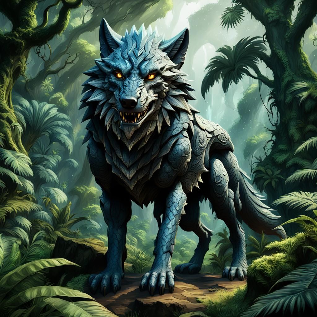 dragon wolf hybrid; realistic hd 4k; jungle background