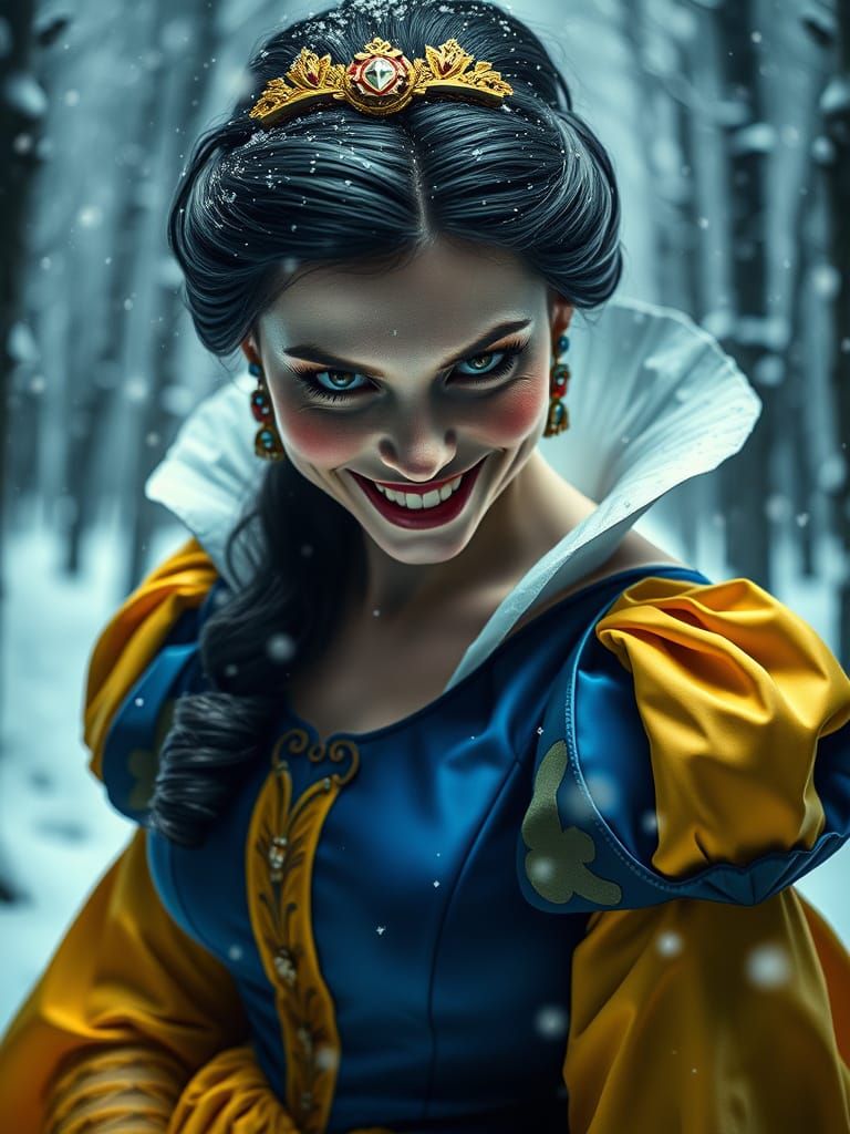 Evil Snow White Stares Intensely in Winter Forest