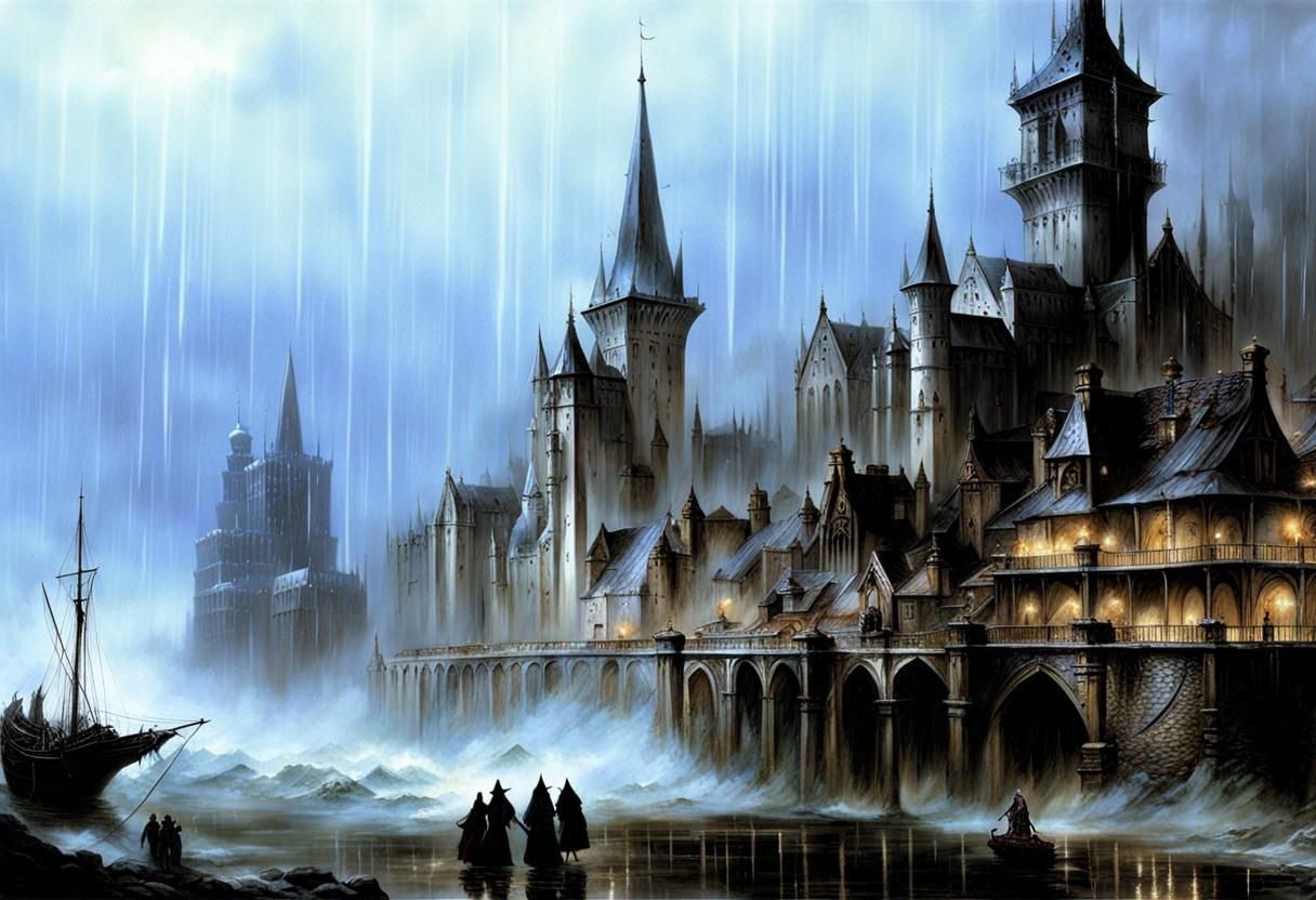 Gothic Medieval Port City in Rain