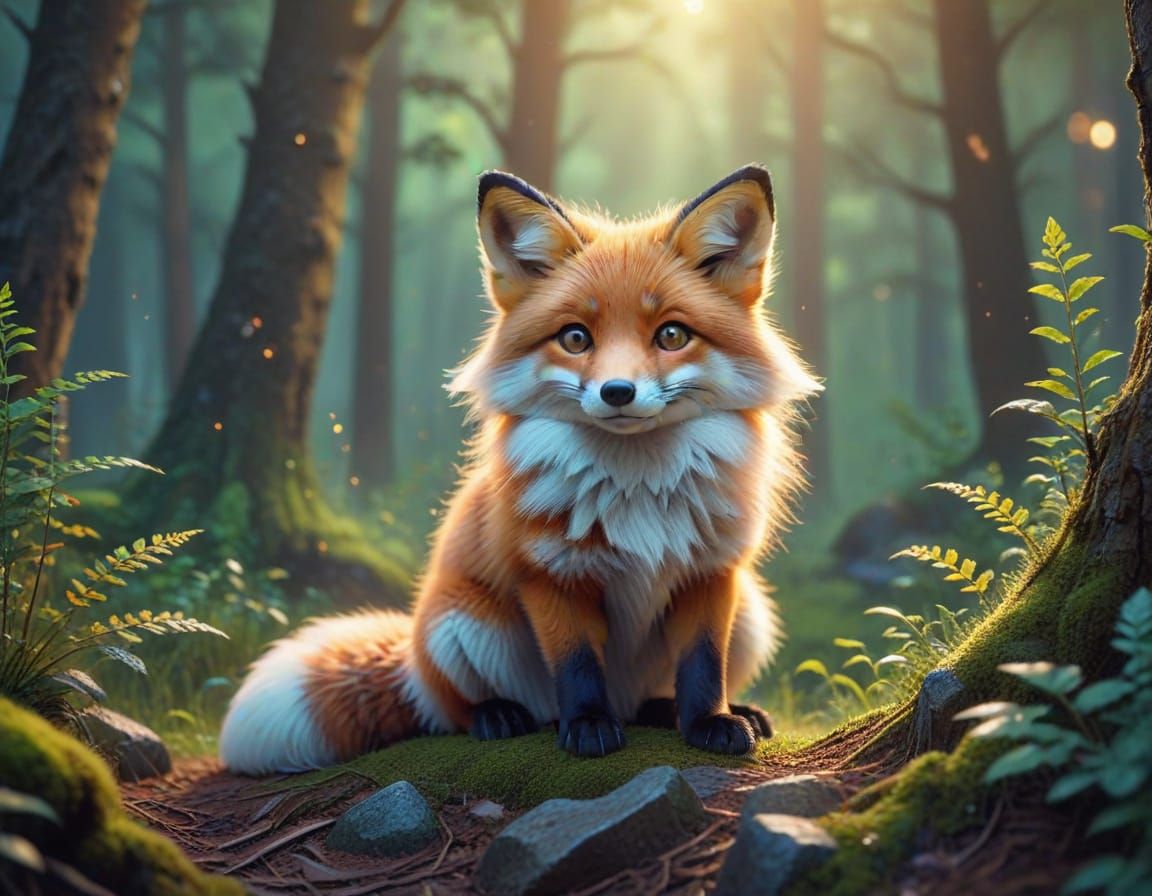 Kawaii Fox in Forest, Anime Style Digital Art