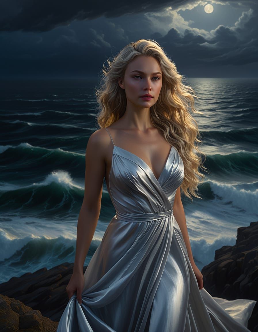 Woman in Silver Gown Overlooking Stormy Sea