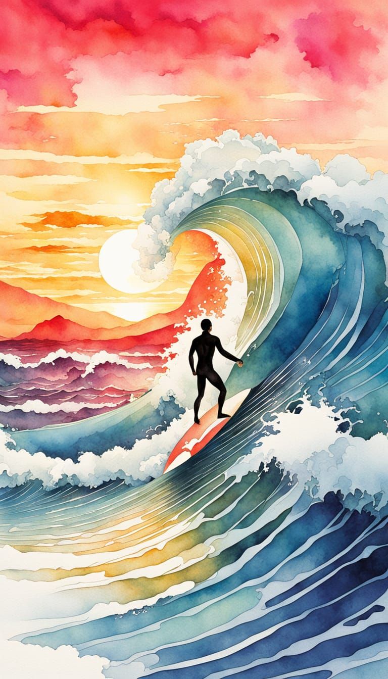 Surreal Watercolor Surfer Rides Sunset Wave