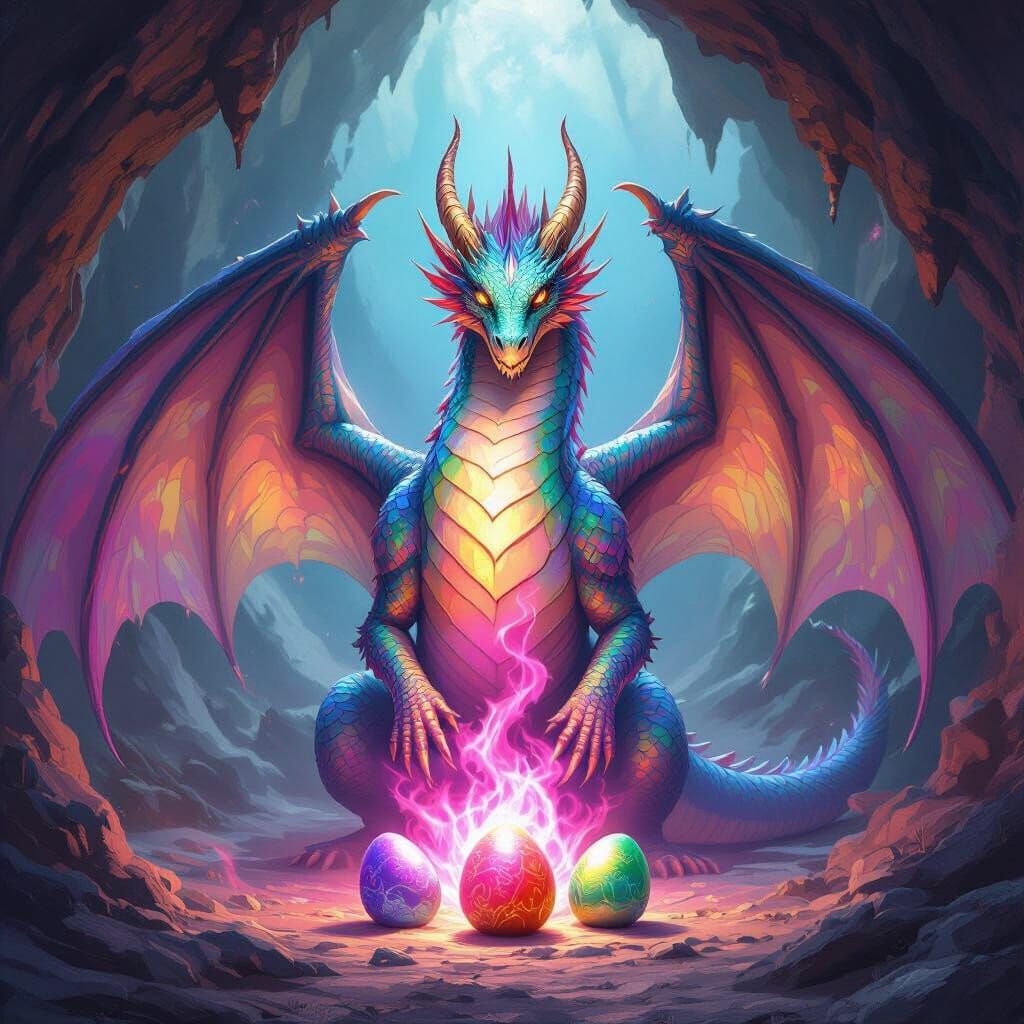 Majestic Mother Dragon Guards Jewel-Toned Eggs in Lair