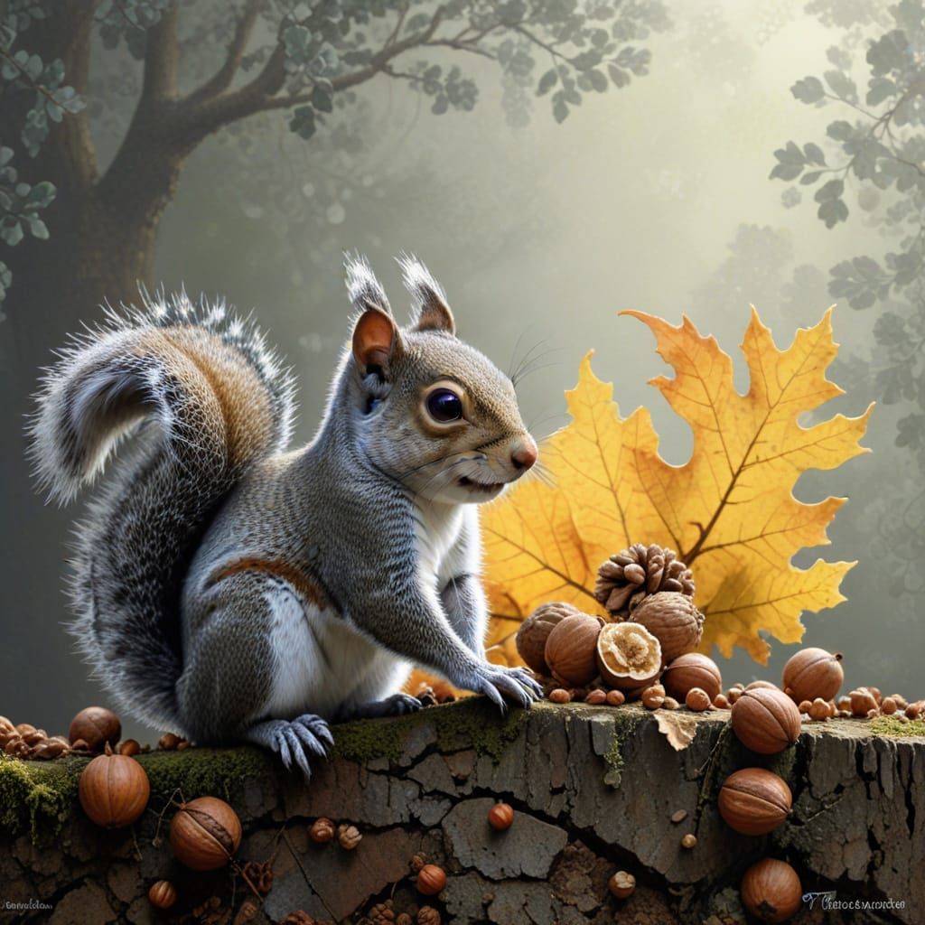 Kinetic Pointillism Squirrel with Walnuts