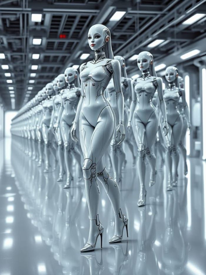 Robo-Dolls Marching in Futuristic Assembly Line
