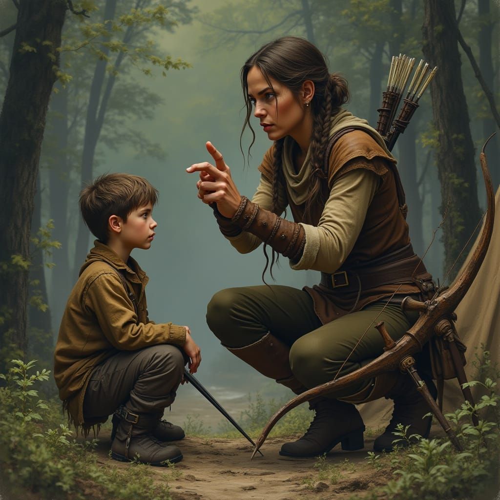 Mother and Son Encounter the Unknown in a Forest Campsite