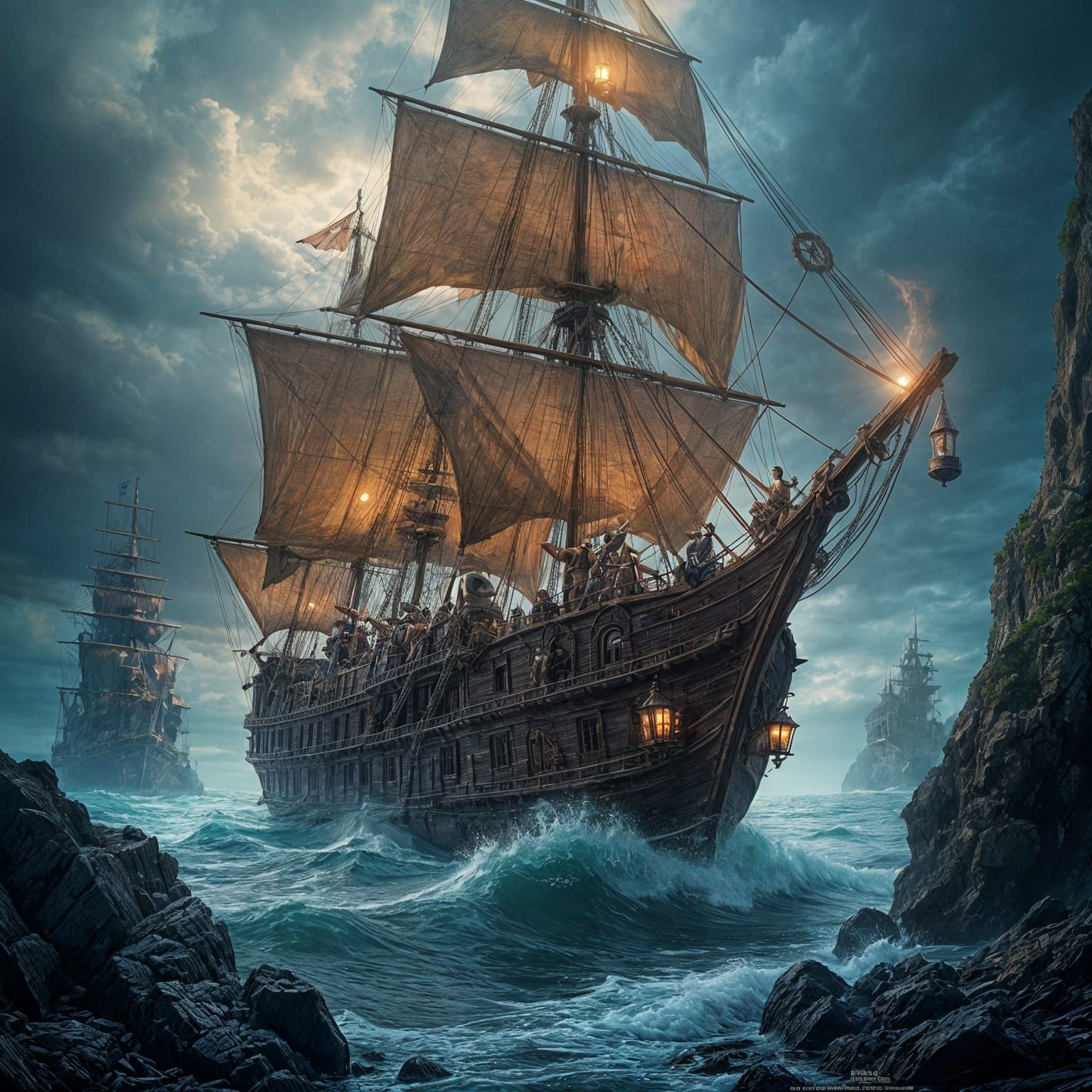 Steampunk Galleon with Racoon Sailors in Gothic Style