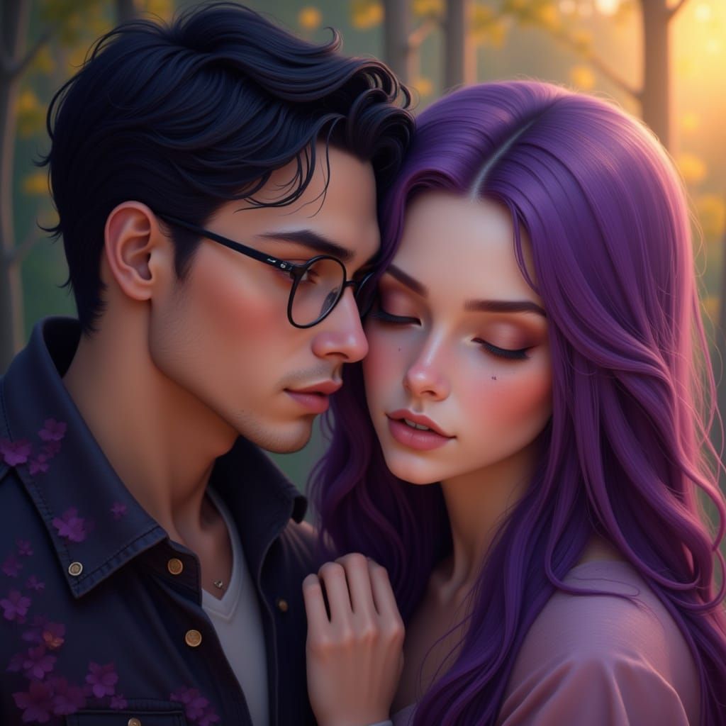 Young Lovers with Purple Hair and Glasses in Bokeh