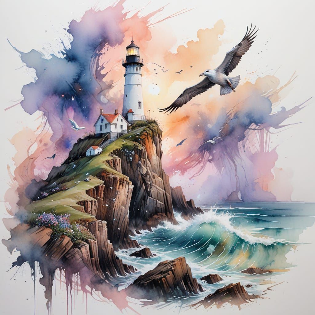 Coastal Lighthouse Amid Rugged Cliffs in Dreamy Watercolour ...