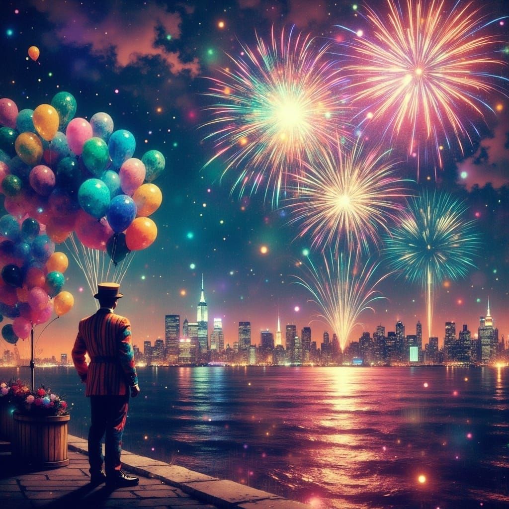 Fireworks Over New York Harbor: A Stalenhag-Inspired Scene