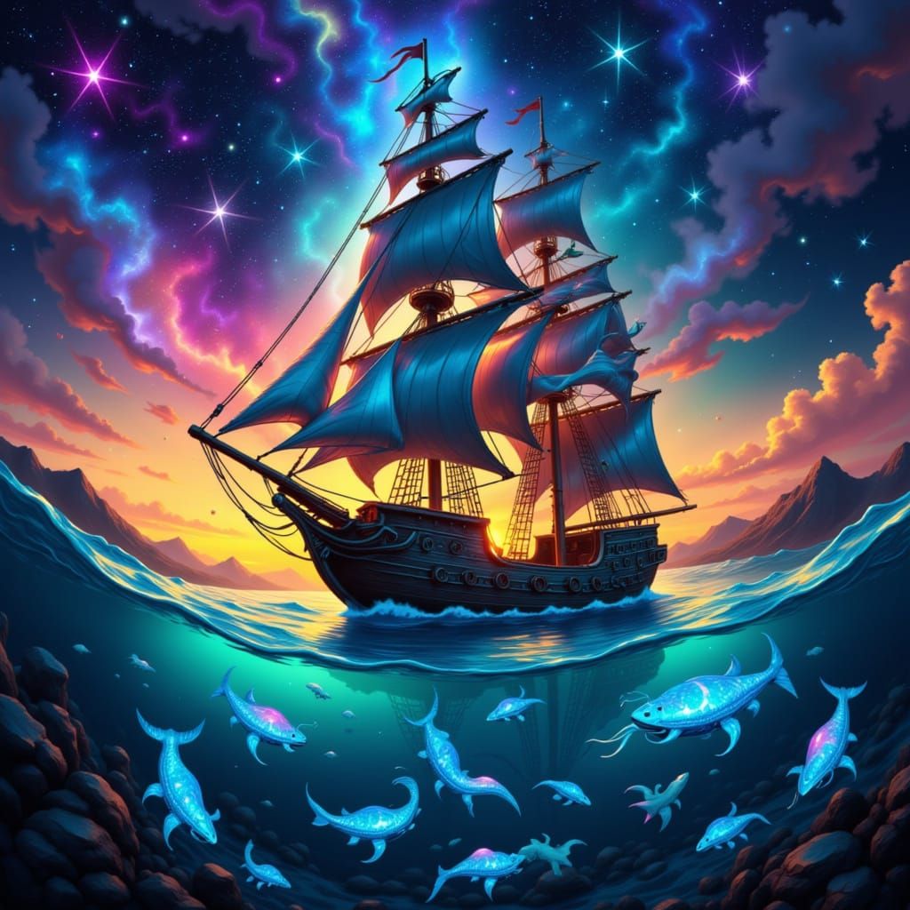 Pirate Ship on Whimsical Sea Under Nebula Sky