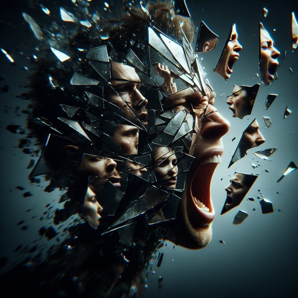 Dramatic Fragmented Face Reflecting Screams
