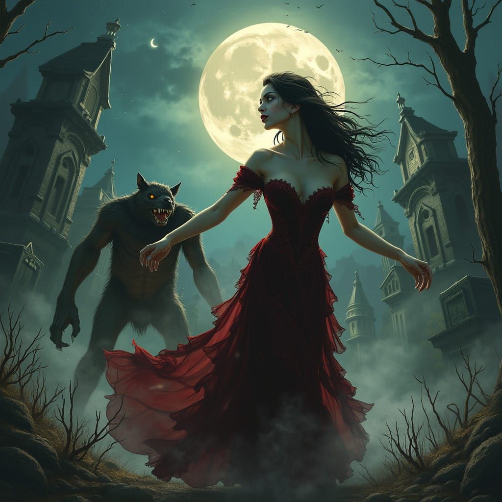 Mystical Vampire Princess Battles Werewolf Under Golden Moon...