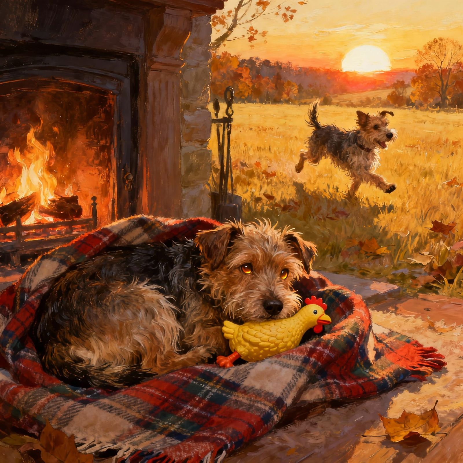 Joyful Terrier Jack in Autumn Field and Cozy Fireside