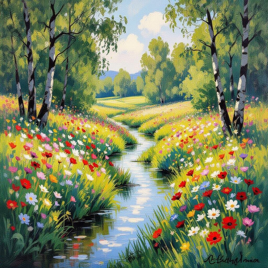 Vibrant Flowers in Meadow: Impressionistic Style