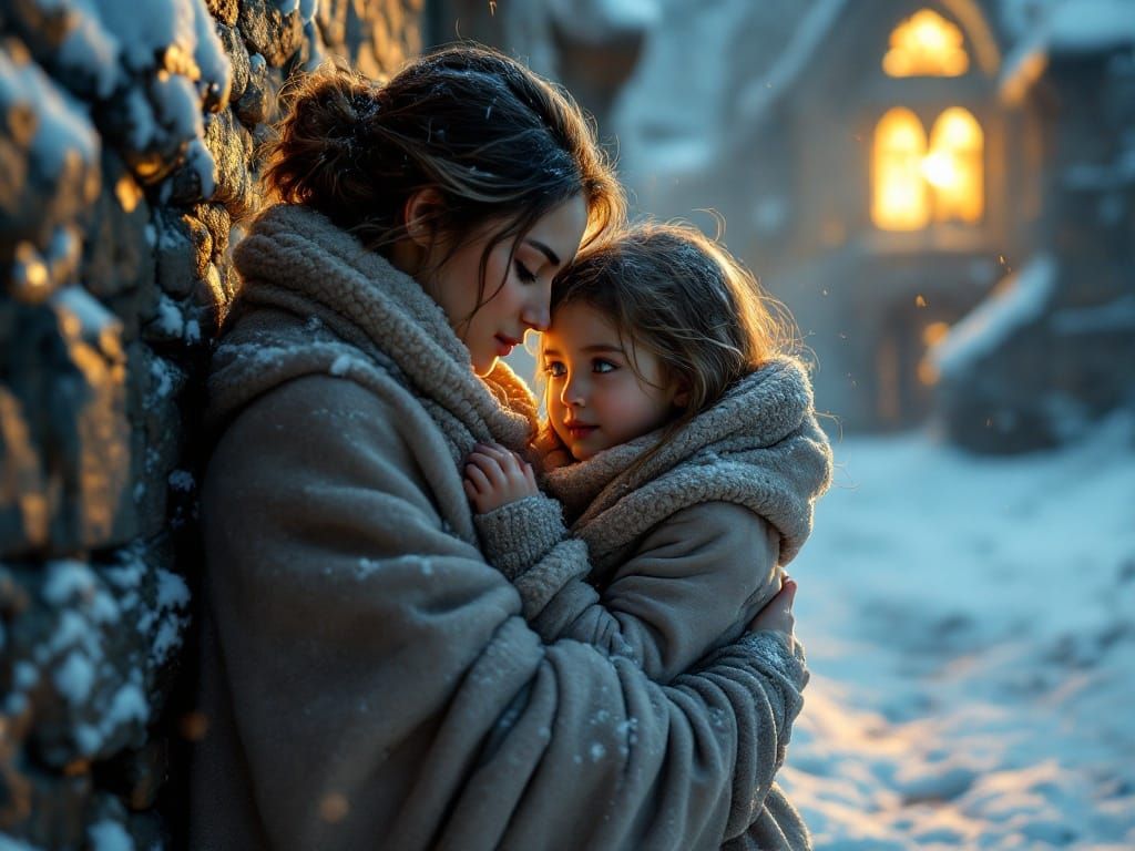 Mother and Daughter Embracing in Winter's Chill