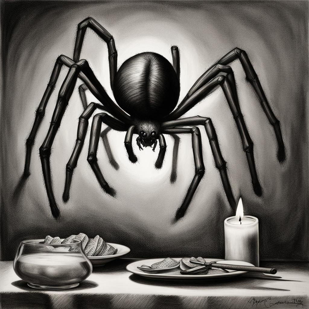 Spider's Romantic Candlelit Dinner: Charcoal Drawing