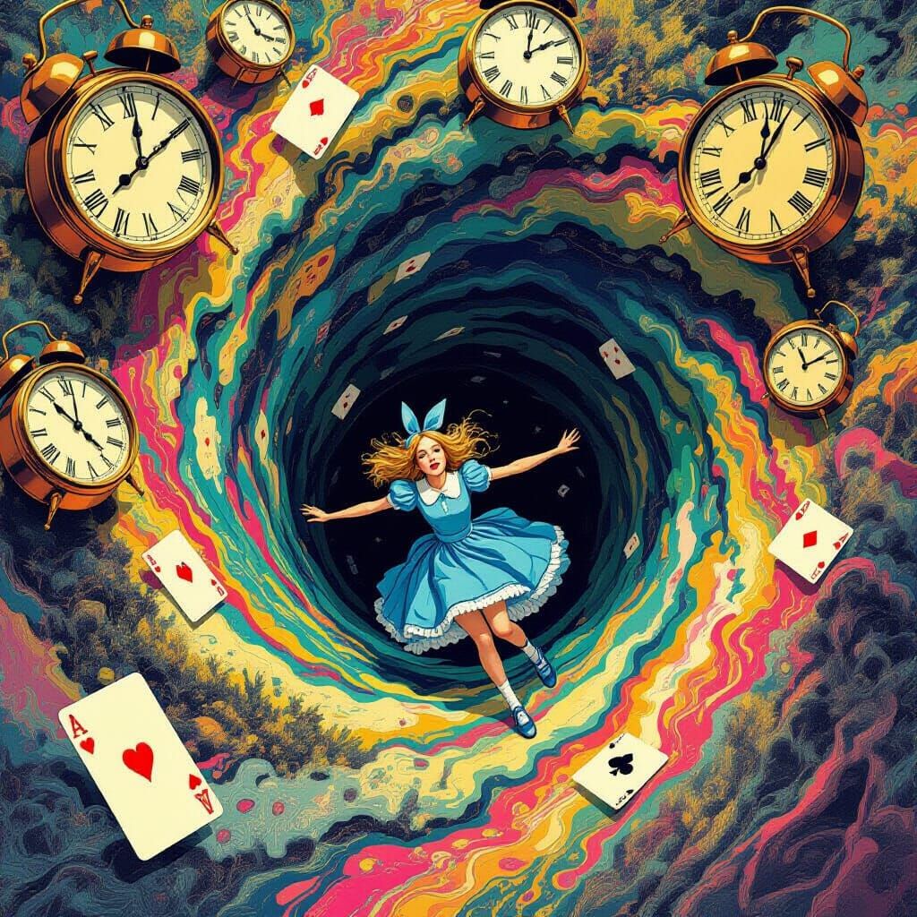 Alice's Psychedelic Fall: A Salvador Dali Dreamscape