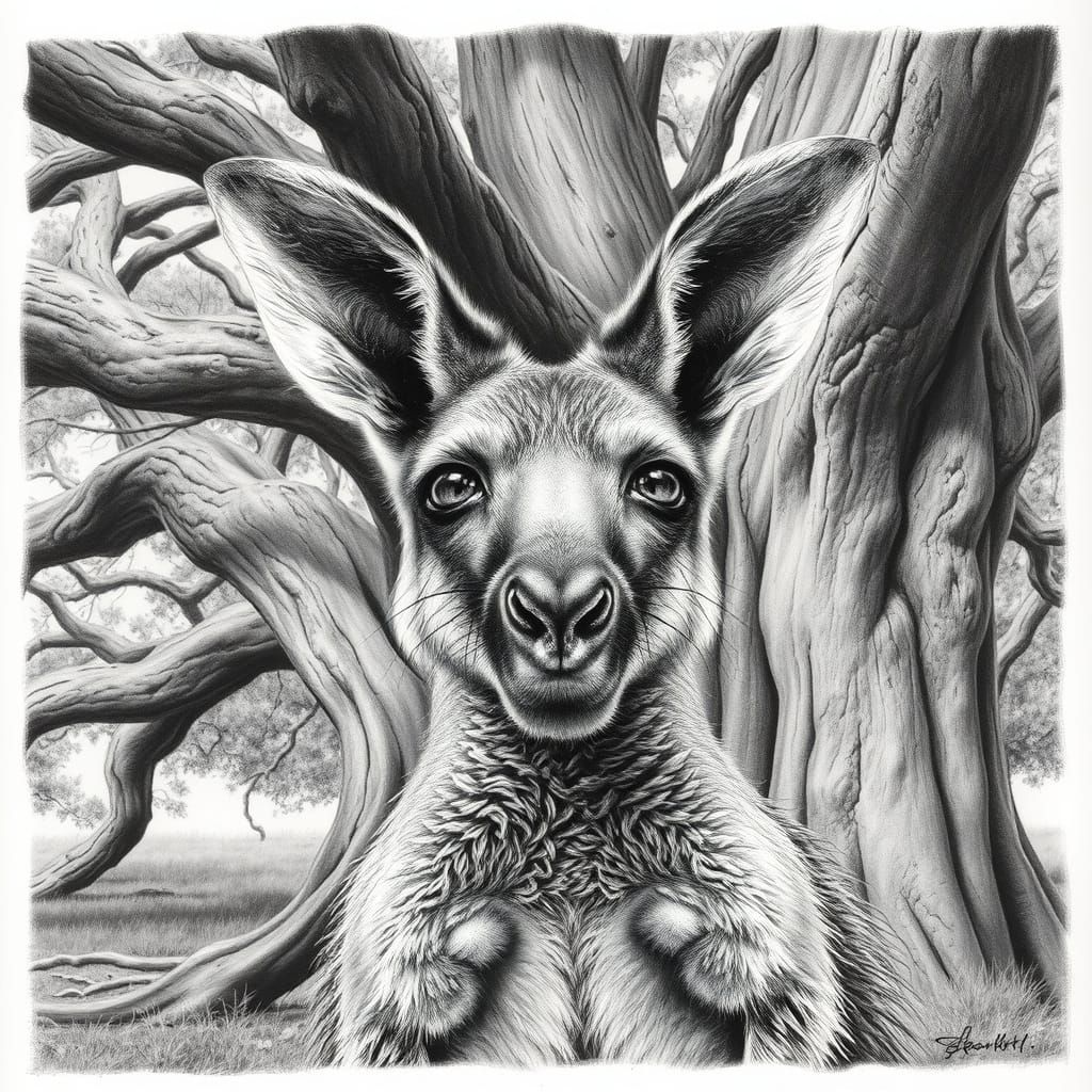 Hyper-Realistic Charcoal Drawing of a Baby Kangaroo in the A...