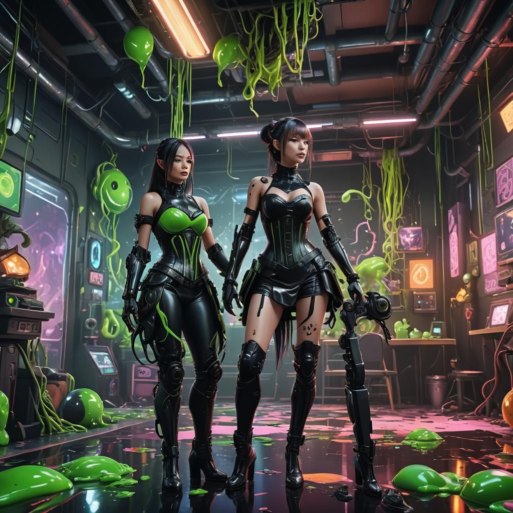 Pareja Cyborg jugando en un playroom de techno sado con slime, outfit corset color carne y falda negra látex, kinky