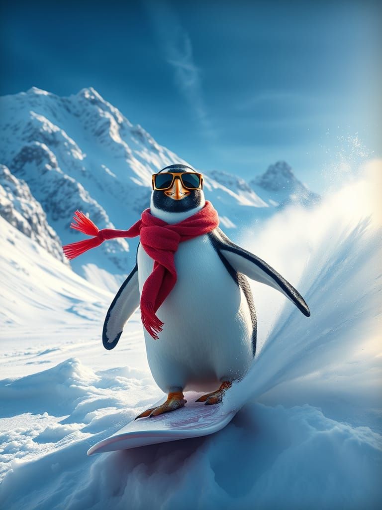 Surreal Penguin Surfer in Ethereal Snowscape