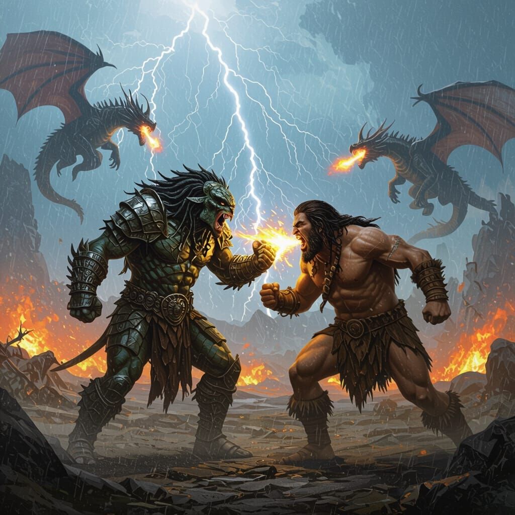 Alien vs Caveman in Prehistoric Dragon Storm
