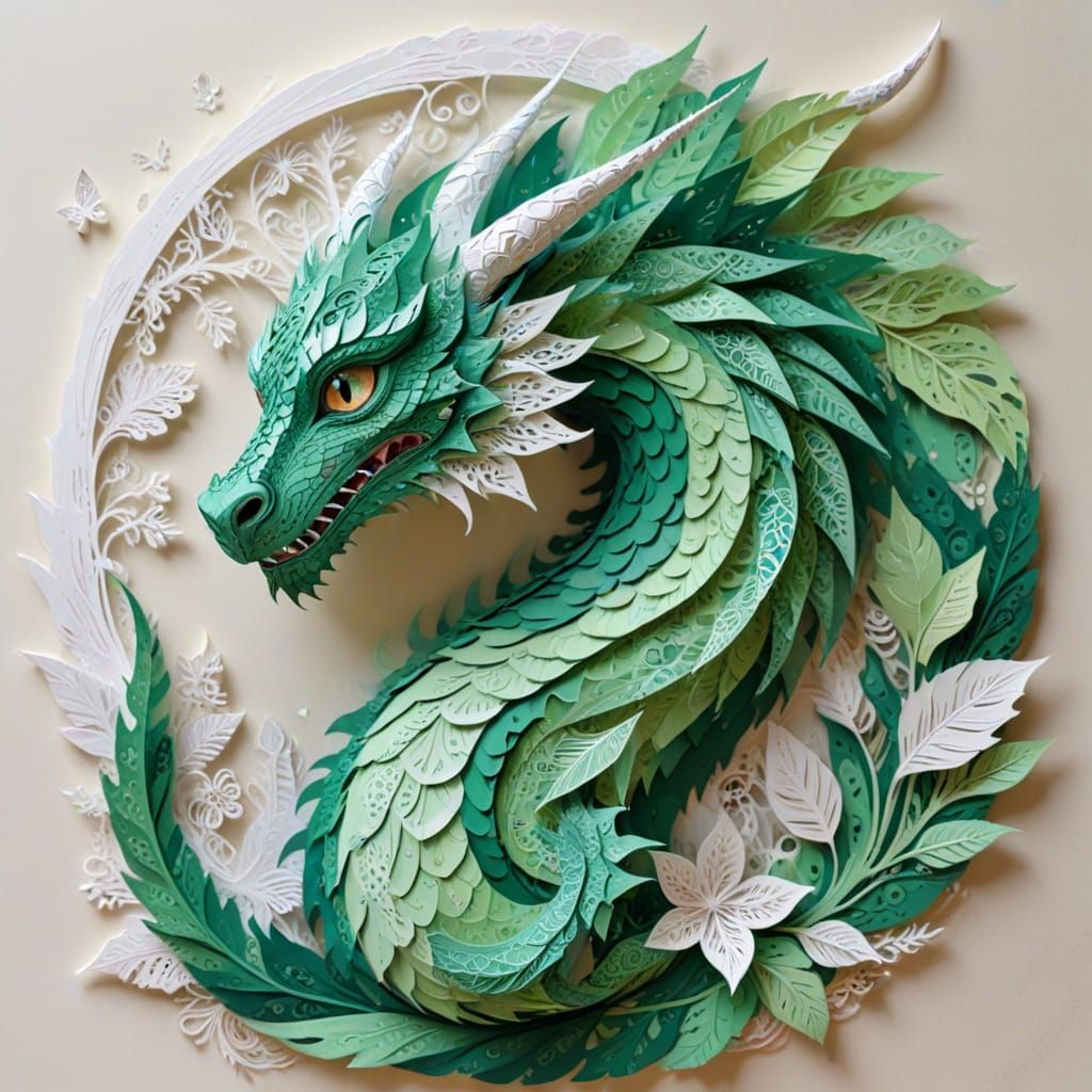 Whimsical Green Dragon in Delicate Cut Paper Art
