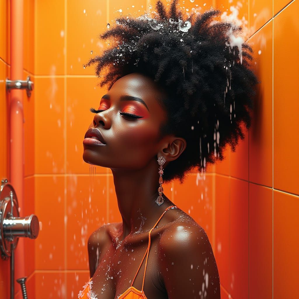 Vibrant Afro-Futurist Pop Art Portrait in an Orange Shower