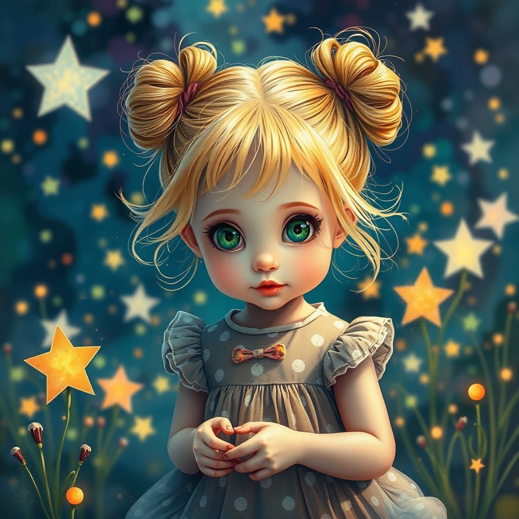 Girl in Polkadot Dress in Starry Wonderland