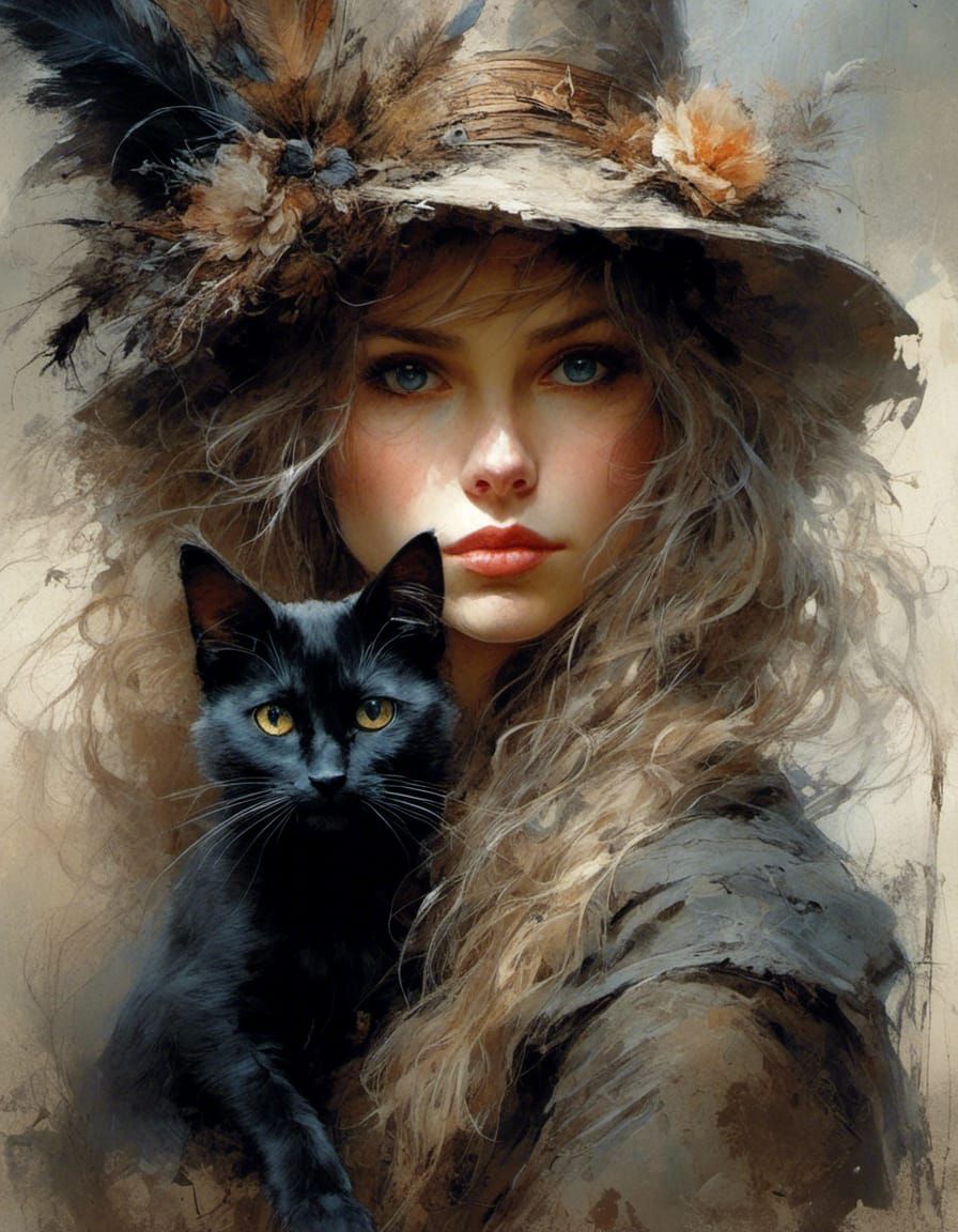Beautiful witch with black cat